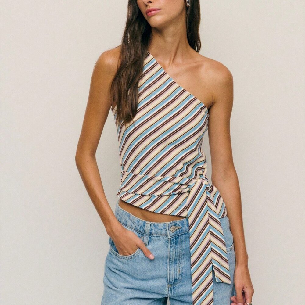 Multicolor Striped One-Shoulder Casual Women's Tie-Waist Top